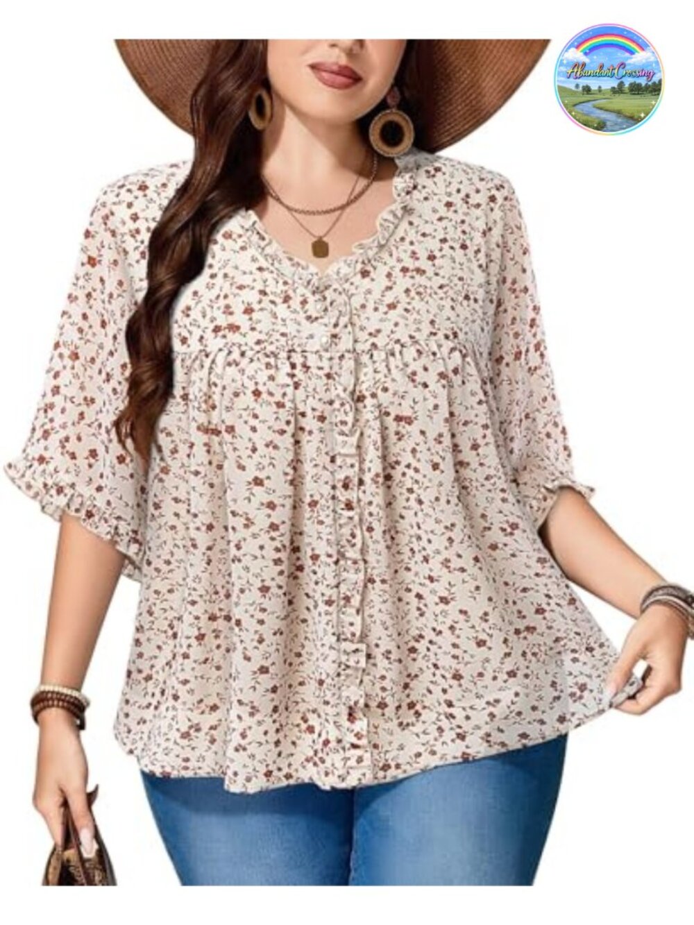 Plus Size Chiffon Blouse 3/4 Ruffle Sleeve V Neck Flowy Top
